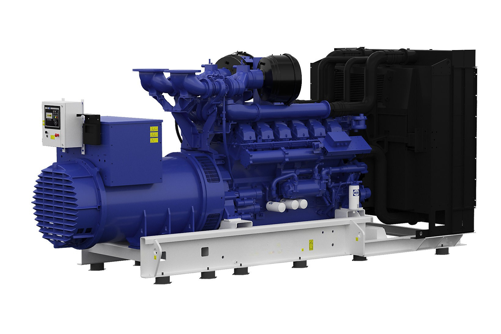 Cummins diesel generator set with blue engine, control panel and radiator - open frame industrial power generation unit